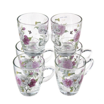 Wholesale decal glass mug set with handles,drinking glass cup set